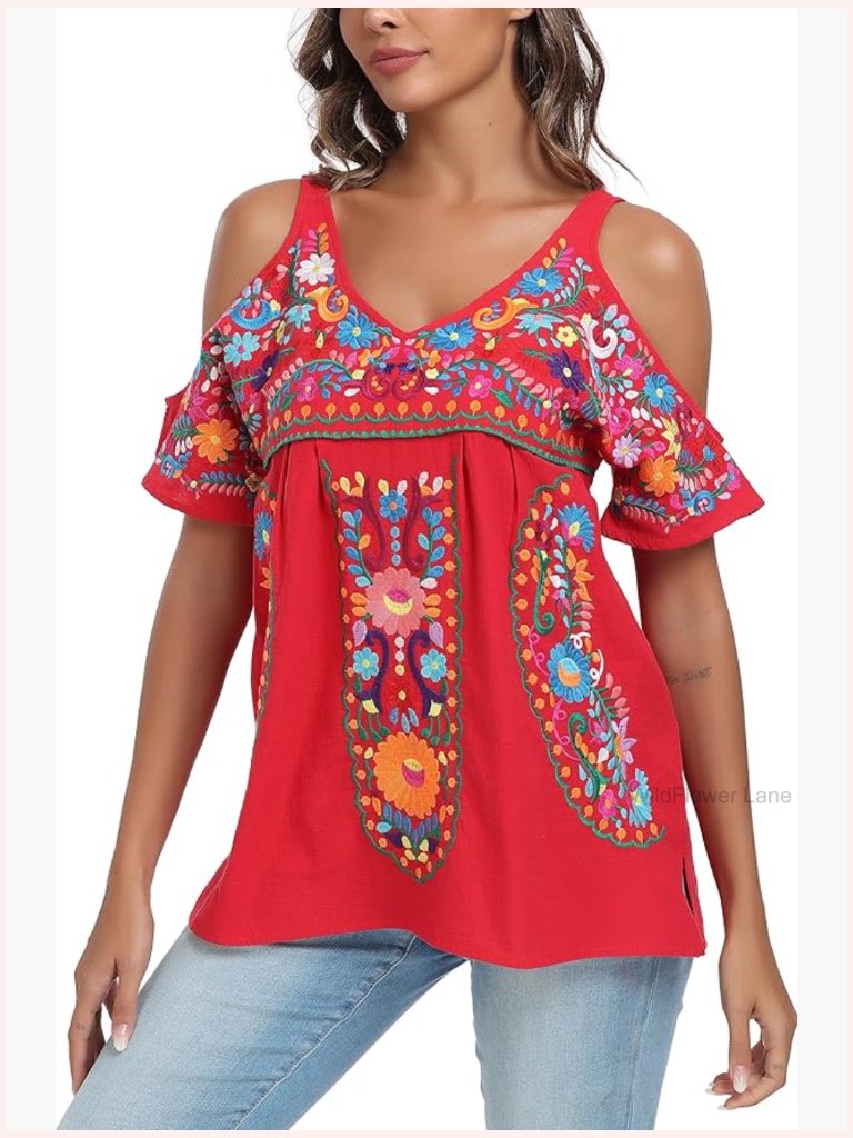 Women's Boho Embroidered Cold Shoulder V Neck Blouse Tunic